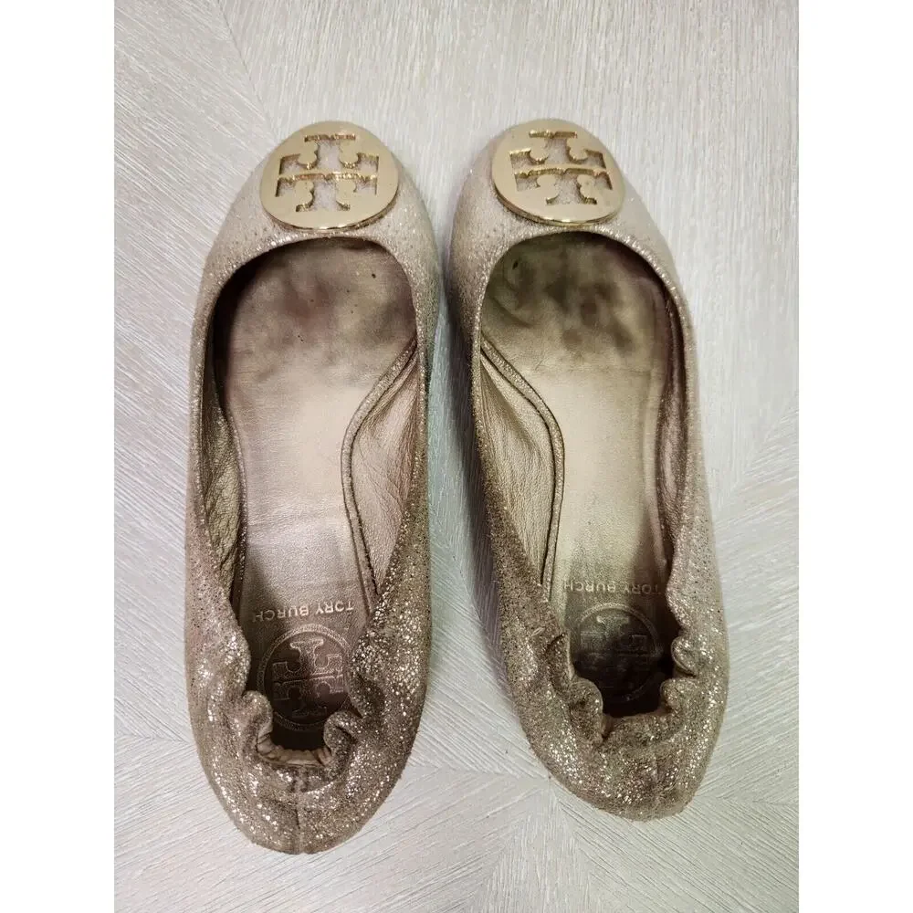 TORY BURCH 'Minnie' Travel Ballet Flat Royal Mettalic Gold Glitter Logo Sz 6M